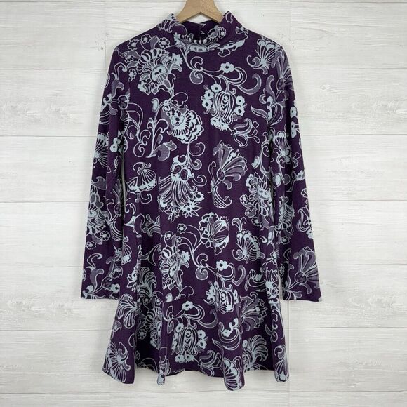 Anthropologie Maeve Knit Sweater Dress Size L Mock Neck Floral Purple Open Back - Picture 16 of 16